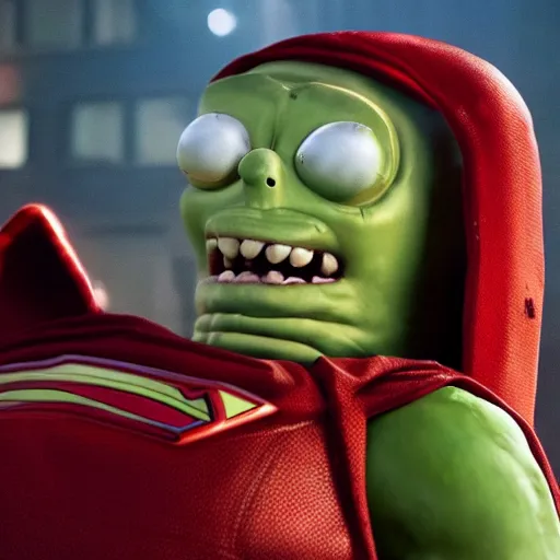 Image similar to pickle rick as superman! in gears of war, splash art, movie still, detailed face, photorealistic facial features, cinematic lighting, dramatic, octane render, long lens, shallow depth of field, bokeh, anamorphic lens flare, 8 k, hyper detailed, 3 5 mm film grain