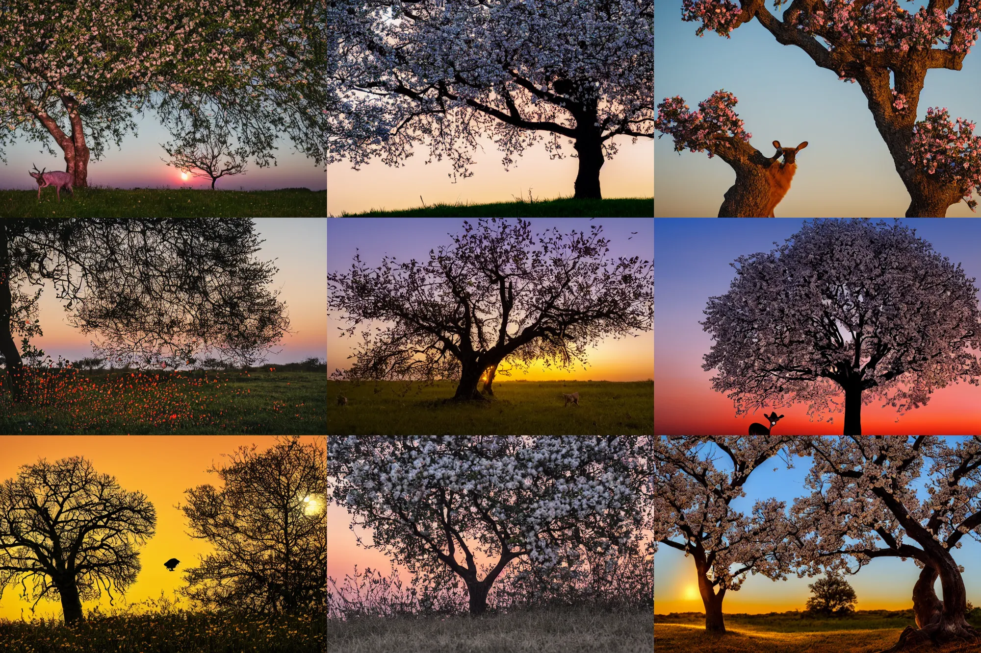 Prompt: telephoto photography of animals by a tree with flowers around it and a slight breeze going past during dawn, 4 k, dslr, flick wildlife photography