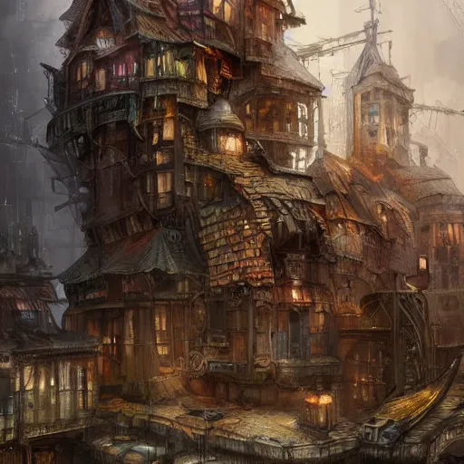 Image similar to Ultra-realistic illustration, high fantasy steampunk house built of junk, several floors hanging over each other, disorganized architecture, inherent details, impressionism sketch, complex, elegant, highly detailed, digital painting, artstation, concept art, smooth, clear focus, illustration, artgerman art,