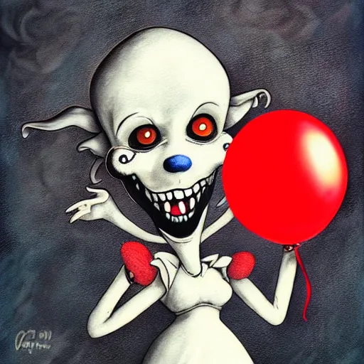 Prompt: grunge cartoon painting of goat with a wide smile and a red balloon by chris leib, loony toons style, pennywise style, corpse bride style, horror theme, detailed, elegant, intricate