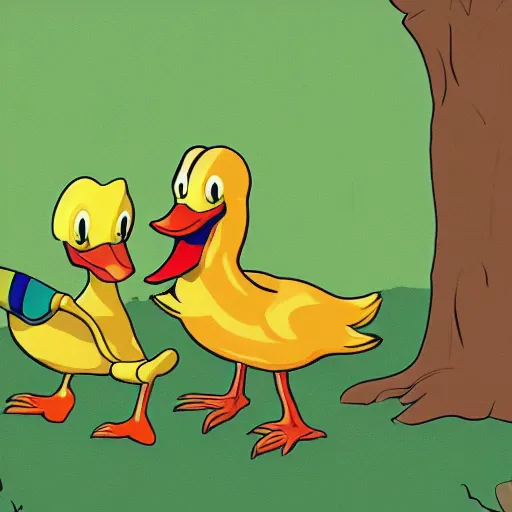Prompt: a chrome - plated duck with a golden beak arguing with an angry turtle in a forest.