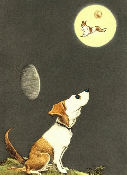 Prompt: jack russel dog howling at the moon, illustrated by peggy fortnum and beatrix potter and sir john tenniel