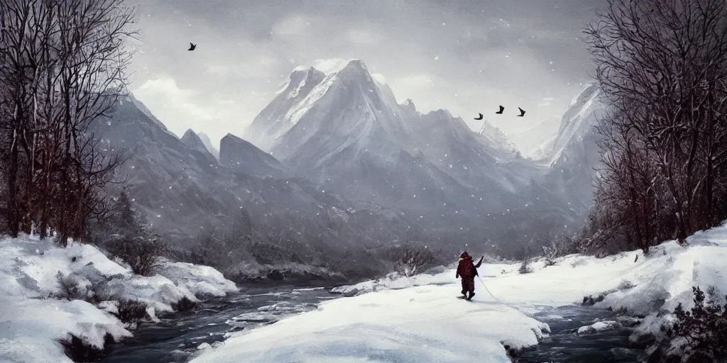 Image similar to A majestic landscape featuring a river, mountains and a forest. A small group of birds is flying in the sky. Harsh winter. very windy. There is a man walking in a deep snow.Camera is closely following the man. Cinematic, very beautiful, painting in the style of Lord of the rings