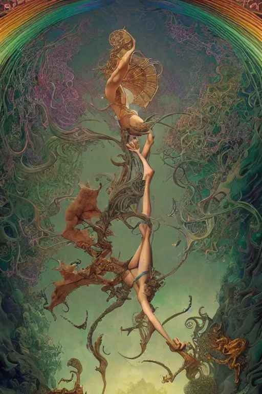 Prompt: the most wonderful dream you ever had, tarot card, fantasy drawing made of fractals, ultra realistic, wide angle, art nouveau, intricate details, rainbowshift, vivid colors, highly detailed by peter mohrbacher, wayne barlowe, maxfield parrish, aaron horkey, gaston bussiere, craig mullins