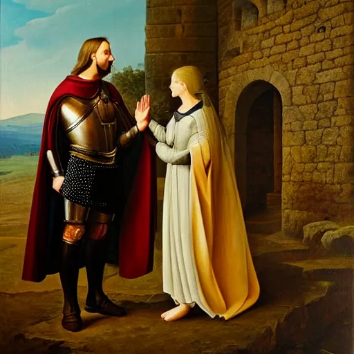 Prompt: a knight swearing an oath before an illustrious castle, beautiful beyond words, oil on canvas