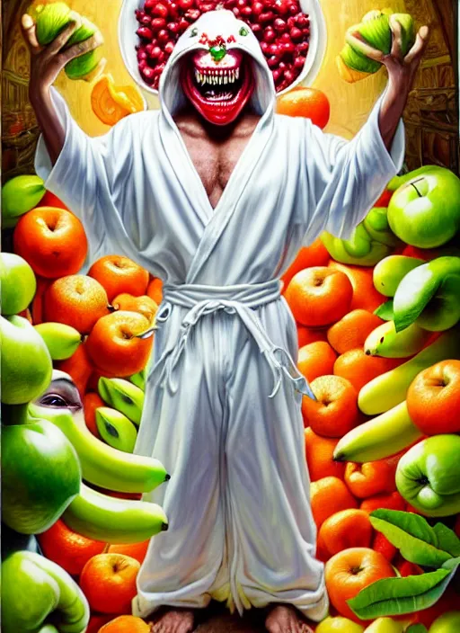 Prompt: full body shot of a monster man in a white robe, green skin, dressed in all white, covered in different fruit, apples, oranges, bananas, intricate, highly detailed, concept art, hyperrealistic, oil painting by greg staples and tristan eaton, 8 k