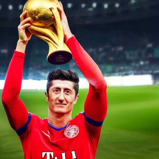 Prompt: portrait of Robert Lewandowski holding World Cup trophy, 4k, hq, high details, natural light, perfect quality, professional photography, award winning photo, a lot of details, perfect face