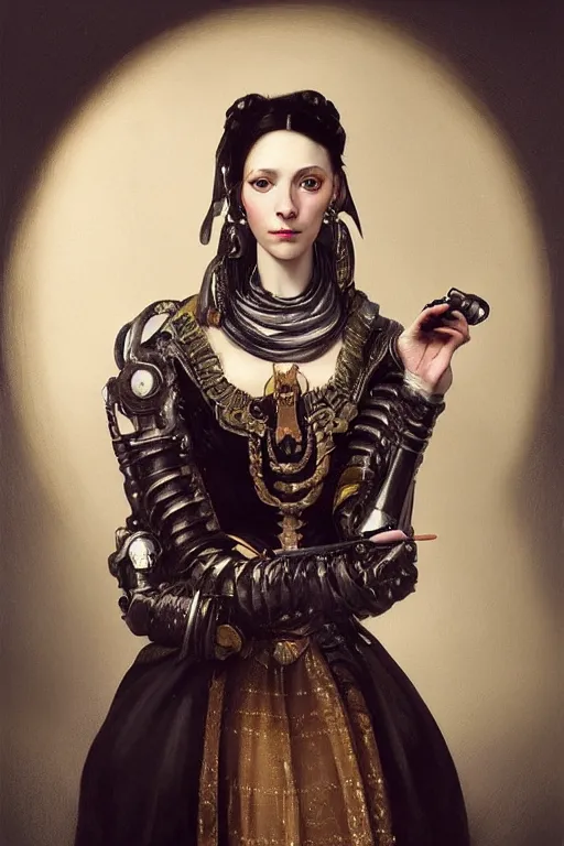 Prompt: dark portrait, headshot, digital painting, of a 17th century, beautiful cyborg girl merchant, dark hair, amber jewels, baroque, ornate clothing, scifi, futuristic, realistic, hyperdetailed, chiaroscuro, concept art, art by caravaggio