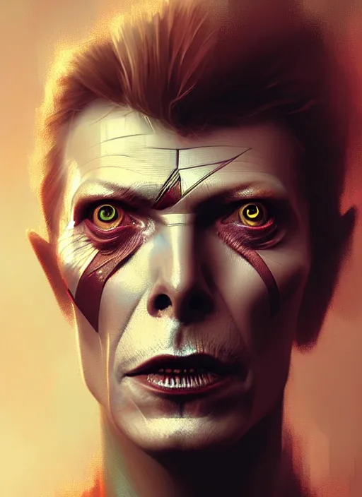 Image similar to portrait of a david bowie cyborg, victorian, concept art, detailed face, fantasy, close up face, highly detailed, cinematic lighting, digital art painting by greg rutkowski