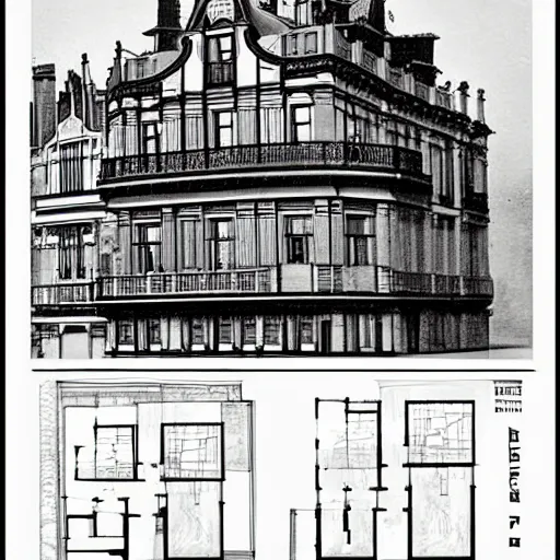 Prompt: Architectural plan of an art nouveau house in Brussels designed by Victor Horta.