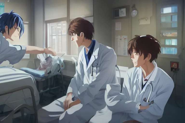 Image similar to a cute and beautiful young female doctor wearing white coat are talking with a handsome young man wearing white coat in a hospital ward, highly detailed, digital painting, slice of life anime, illustration, anime scenery by Makoto shinkai