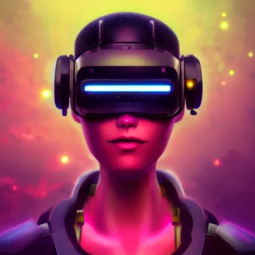 Image similar to cyberpunk concept cool girl cyborg bot, cinema 4 d, galaxy, ufo, space sci - fi, wearing vr goggles, illustration, portrait, pastel neon textured background night, trending on artstation, greg rutkowski, octane rendered, 1 2 k, detailed,