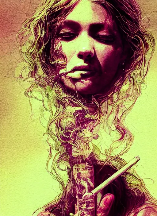 Image similar to portrait, beautiful Stoner hippy girl, sitting down, smoking a magical bong, watercolor, dramatic lighting, cinematic, establishing shot, extremely high detail, foto realistic, cinematic lighting, pen and ink, intricate line drawings, by Yoshitaka Amano, Ruan Jia, Kentaro Miura, Artgerm, post processed, concept art, artstation, matte painting, style by eddie mendoza, raphael lacoste, alex ross