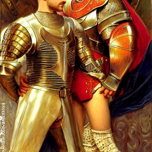 Image similar to attractive fully clothed arthur pendragon confesses his love for his attractive fully clothed male knight. highly detailed painting by gaston bussiere and j. c. leyendecker 8 k