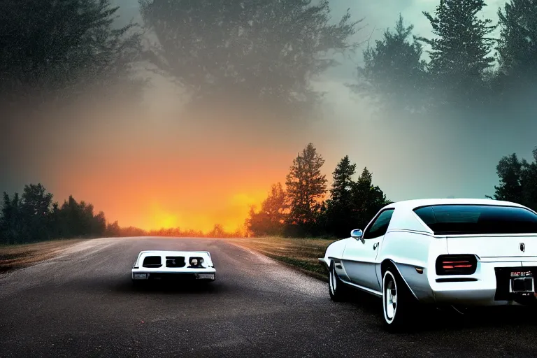 Prompt: pontiac firebird with white paint, cat inside car, sunrise, eerie light, fireflies, dog watching the car, dramatic, cinematic, forest, horror, sunbeams, volumetric lighting, wide shot, low angle, lightning storm hitting the car, ground cracking open to reveal a portal to hell