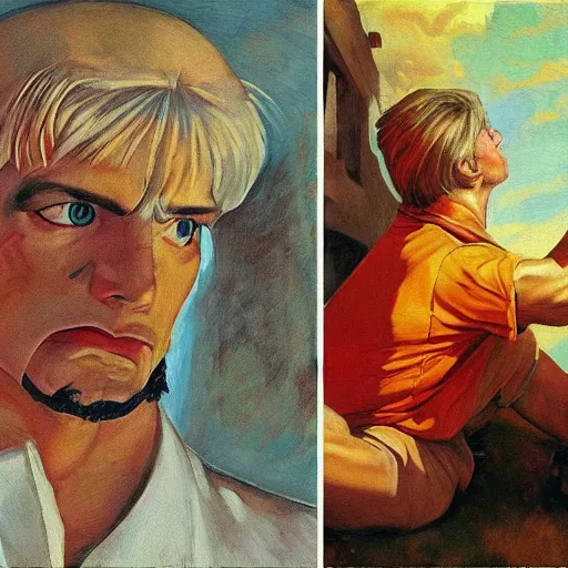 Prompt: ken from street fighter 2 in real life in the style of malczewski, jacek