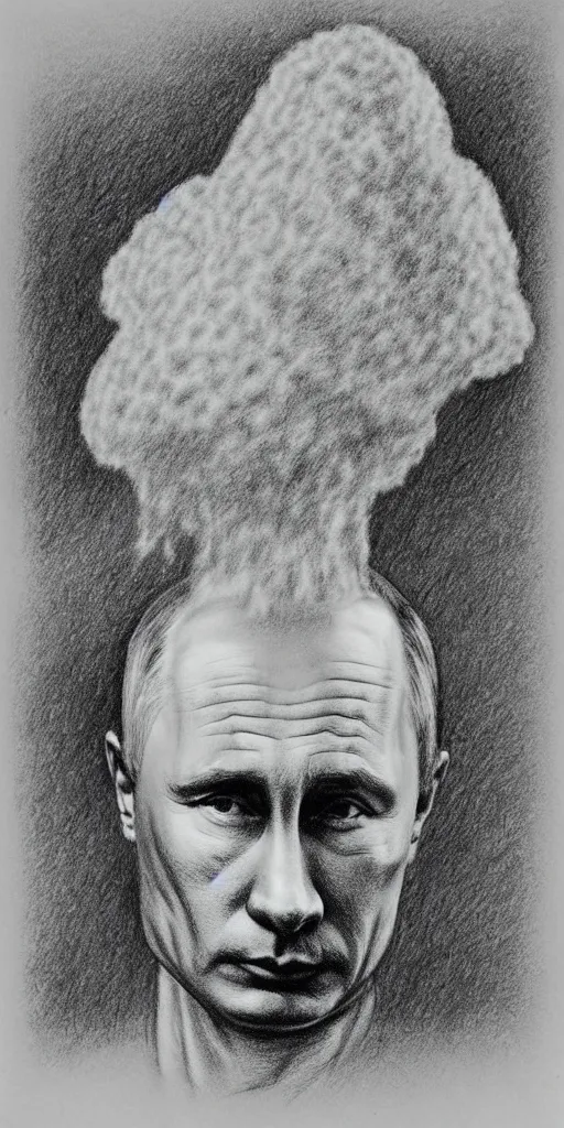 Image similar to vladimir putin wearing a nuclear mushroom cloud blast for a hat, cartoonish, ultra detailed pencil drawing