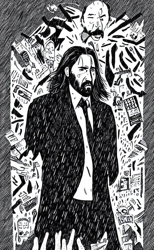 Image similar to mcbess illustration of nicolas cage as john wick in the rain