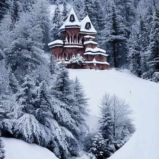 Image similar to vampire's castle in the mountains, snowy