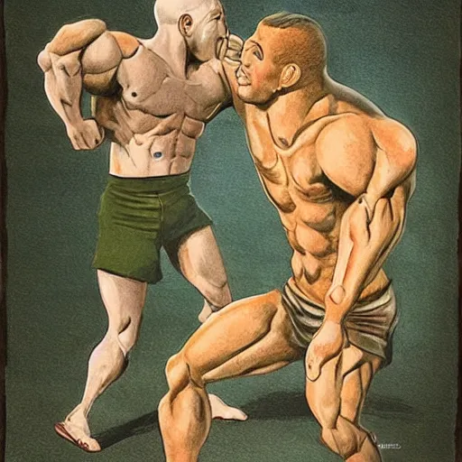 Image similar to two muscular men fighting over the last sandwich on earth, photorealistic