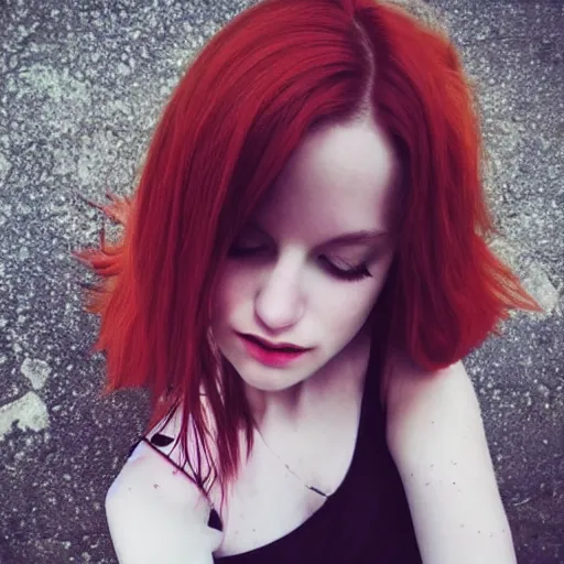 Image similar to photoshoot portrait of a teen emo girl, blonde and red hair, flawless features, pale skin, beautiful beautiful beautiful secret selfie, tyftt, prime
