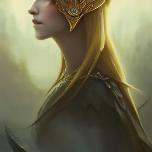 Prompt: Beautiful elegant regal high elf royalty portrait, face centered portrait, Confident, fog, volumetric lighting, beautiful, golden hour, sharp focus, ultra detailed, conceptartworld by Leesha Hannigan, Ross Tran, Thierry Doizon, Kai Carpenter, Ignacio Fernández Ríos