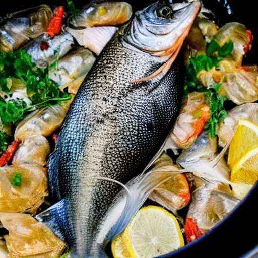 Prompt: a fish on the top of a pile of fish, inside a cooking pot