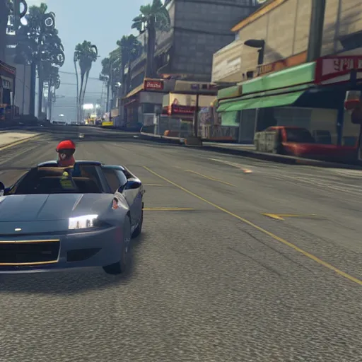 Image similar to a screenshot of GTA V with mario driving a car