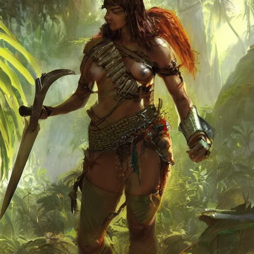 Prompt: a beautiful warrior woman with a legendary sword, detailed, jungle, by craig mullins _ w 7 0 0