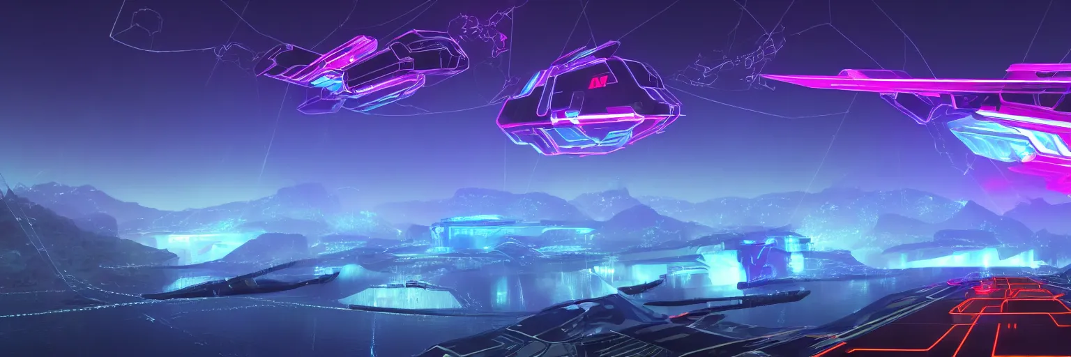 Prompt: f - zero, ships, tron in the mountain with neon light futuristic hyper realistic cinematic view of floating castle hanging by chains in the air, in between a gorge, below only cloud dark void, structured by chains and cables on base, soap bubble, 8 k resolution