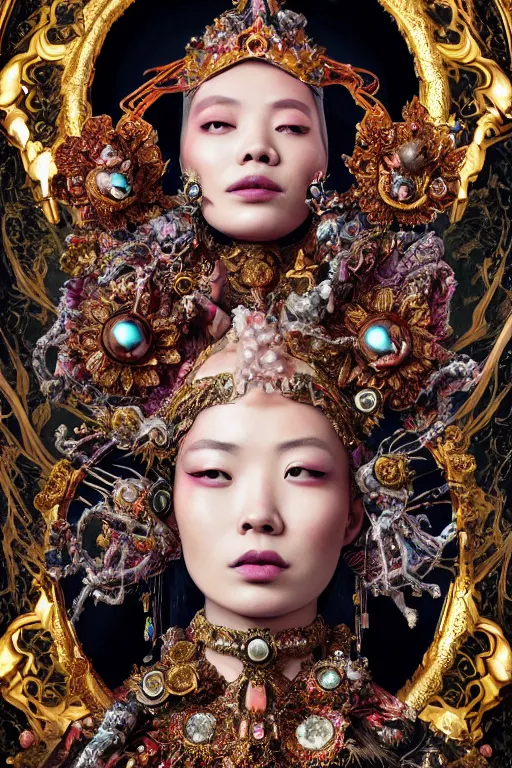 Image similar to a beautiful empress portrait, with a brilliant, impossible striking big cosmic galaxy headpiece, clothes entirely made out of cosmos chaos energy, symmetrical, dramatic studio lighting, rococo, baroque, jewels, asian, hyperrealism, closeup, D&D, fantasy, intricate, elegant, highly detailed, digital painting, artstation, octane render, 8k, concept art, matte, sharp focus, illustration, art by Artgerm and Greg Rutkowski and Alphonse Mucha