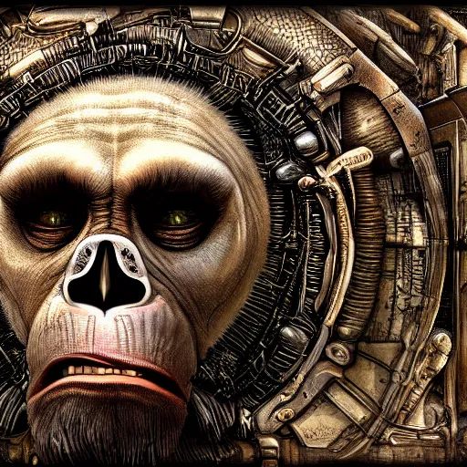 Image similar to Steam computer in ancient time occupied by apes, highly detailed, highly realistic, artstation, by Hans Giger