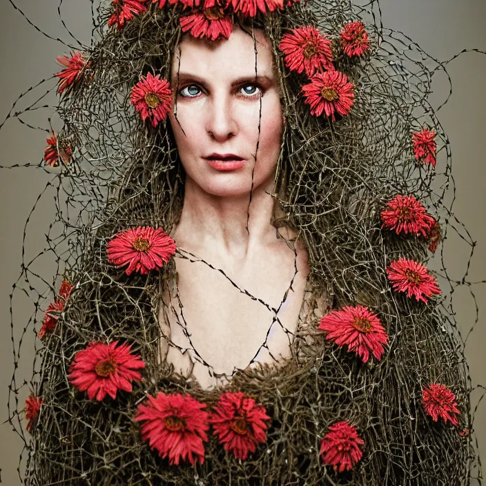 Image similar to closeup portrait of a woman wearing a hooded cloak made of zinnias and barbed wire, in a derelict house, by Martin Schoeller, natural light, detailed face, CANON Eos C300, ƒ1.8, 35mm, 8K, medium-format print