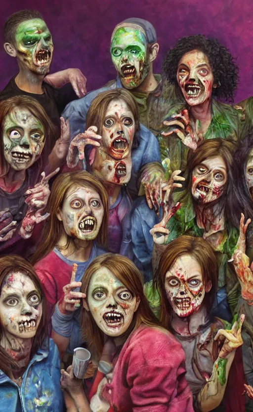 Prompt: beautiful detailed photorealistic painting of a group of friends in starbucks, dressed as zombies. vibrant, high quality, vibrant colors, very funny, beautiful, hq. hd. 4 k. award winning. trending on artstation