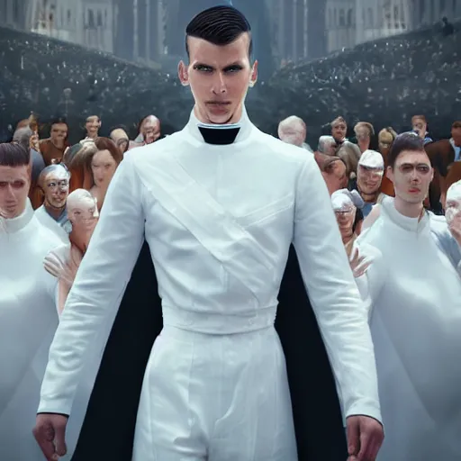 Image similar to portrait of a regal prince in futuristic white clothes, high collar, sharp cheekbones, hopeful expression, surrounded by a crowd of furious people out of focus, matte painting, digital art, stylized, highly detailed, by cedric peyravernay