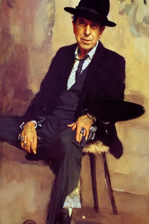 Image similar to Leonard Cohen, wearing a trilby hat, portrait by John Singer Sargent, Frank McCarthy, Robert McGinnis, norman Rockwell