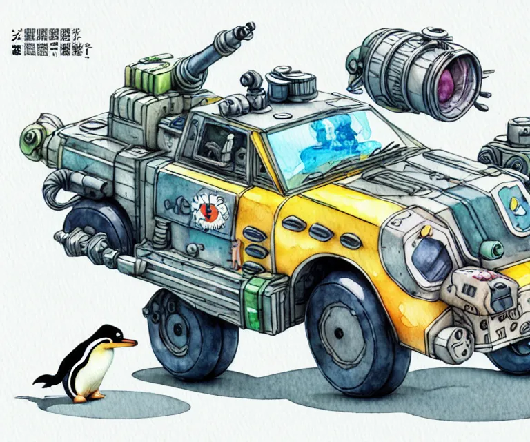 Prompt: cute and funny, penguin riding in a mechanized mech unit, ratfink style by ed roth, centered award winning watercolor pen illustration, isometric illustration by chihiro iwasaki, edited by range murata, tiny details by artgerm and watercolor girl, symmetrically isometrically centered, sharply focused