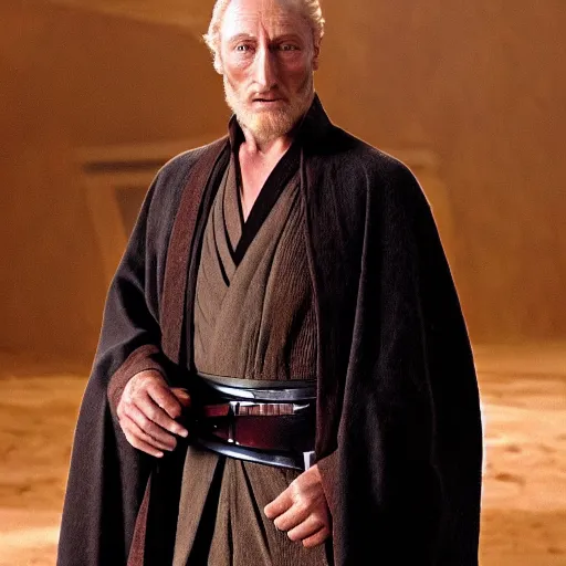 Prompt: Charles Dance as Obi-Wan Kenobi using the force in the film Star Wars, very detailed, tall shot, looking forward, detailed hands
