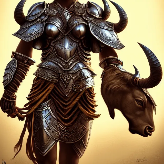 Image similar to warrior with metal bull armour, highly detailed, 4 k, hdr, smooth, sharp focus, high resolution, award - winning photo, artgerm, photorealistic