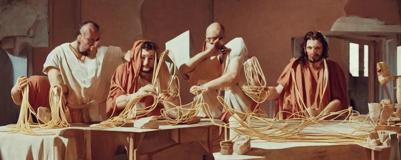 Image similar to ancient greek mathematician discovering geometry with spaghetti kodachrome, in the style of wes anderson, retro