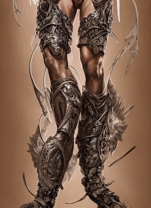 Image similar to Portrait of Ratajkowski as an angel warrior legs, completely covered by armour and runes , angelical runes tattooed all over his legs, intricate down body, whole body, highly detailed, digital painting, artstation, concept art, smooth, sharp focus, illustration, art by Hajime Sorayama