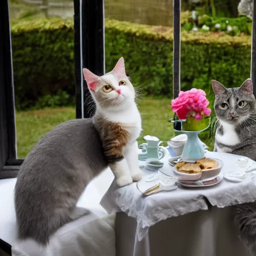 Prompt: a shorthair calico cat and a longhair calico cat and a grey cat attend a fancy english tea party, flickr explore 5 0 mm