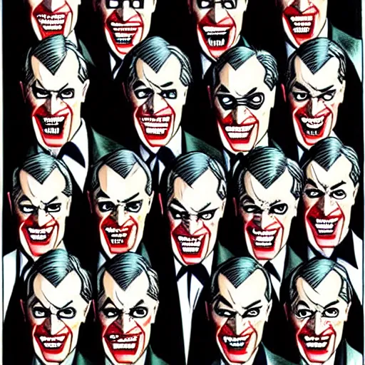 Prompt: drawing of 1 4 tiny jokers all in the mouth of gotham city's finest investigative reporter jack ryder, 4 k art by brian bolland, graphic novel art