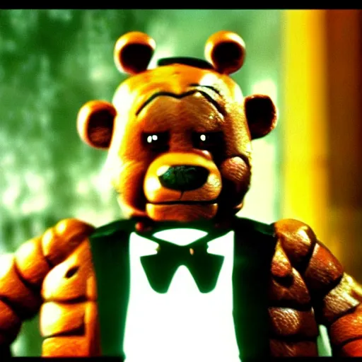 Prompt: movie still of freddy fazbear, from matrix ( 1 9 9 9 )