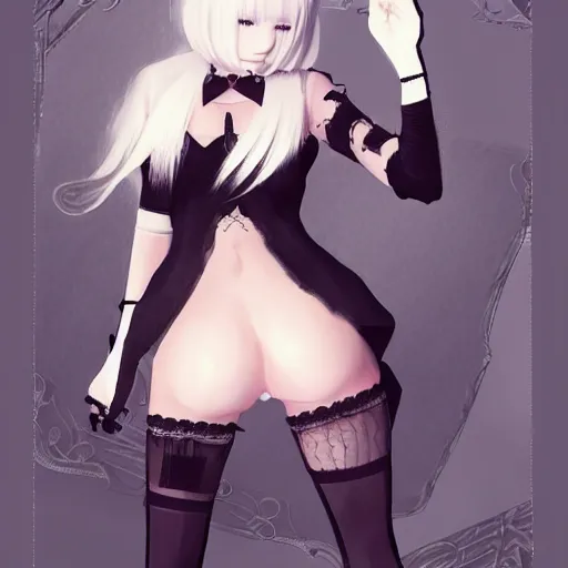 Image similar to 2b Nier Automata, Black lace clothing, blonde hair, attractive woman