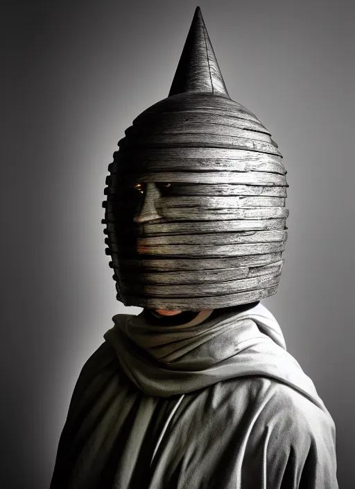 Image similar to realistic photo portrait of a a sculpture of medieval scientist ritual monk cone hat helmet made of wood, with plastic details detailed, electricity laser beam aura, sci - fi, greyscale 1 9 9 0, life magazine photo, natural colors,