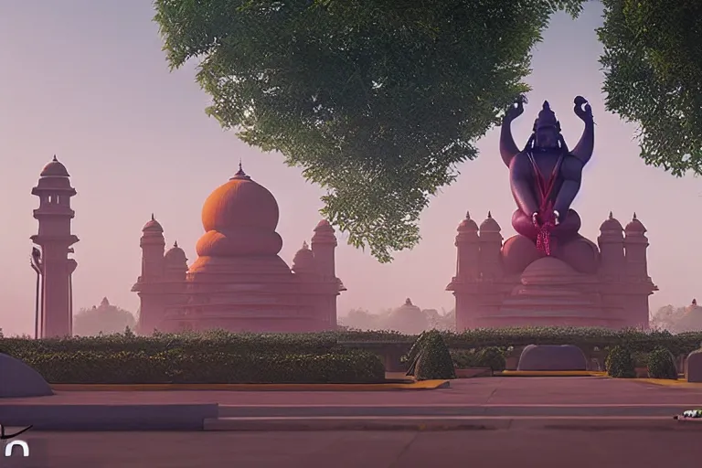 Prompt: beautiful futuristic 3 d new delhi, sharp sci - fi ganesha!! building, kalighat flowers, octane highly detailed cinematic, stephen shore & john j. park, soft morning light, wide shot, high angle, uhd 8 k, shallow depth of field