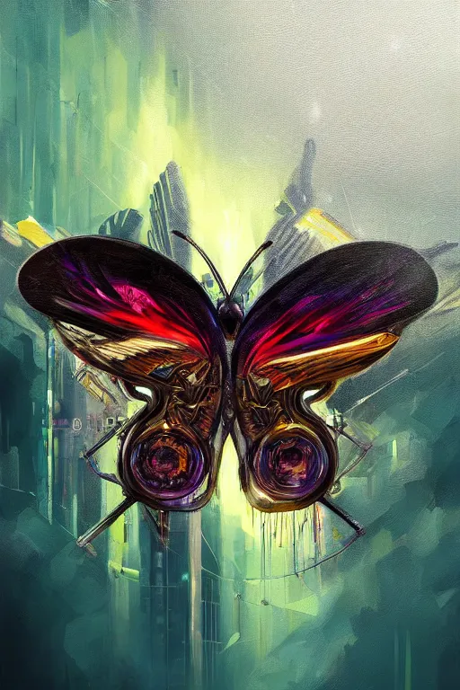 Prompt: cyberpunk butterfly, oil painting, sunlit, paint texture, digital painting, highly detailed, artstation, sharp focus, illustration, concept art,