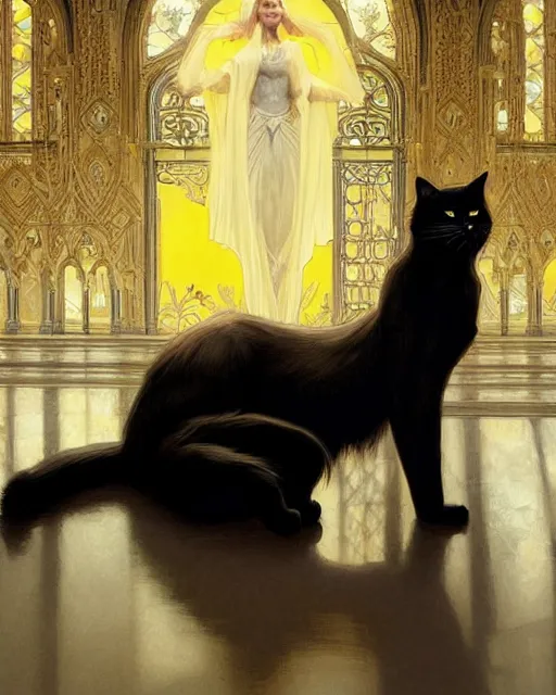 Image similar to Portrait of a giant black cat with yellow eyes and a sleeping blonde lady in Lisbon, real life skin, intricate, elegant, highly detailed, artstation, concept art, smooth, sharp focus, art by artgerm and greg rutkowski and alphonse mucha