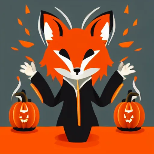 Image similar to An stern posing anthropomorphic fox wearing Halloween-themed black and orange lab coat, casting a spell in a dimly lit laboratory, digital art